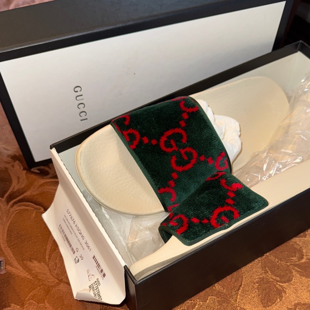 Gucci Velvet Gross Grain Cream Red & Green Velvet Slides Shoes 39 9